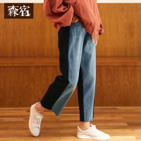 森宿Y秋装2018新款文艺针织面料拼接宽松牛仔裤