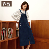 森宿仙芋圆秋装文艺纯色长款背带连衣裙