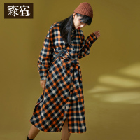 森宿多彩格子连衣裙女早秋冬装2018新款法式收腰系带长袖衬衫裙子