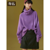 森宿纯色长款堆堆领套头毛衣女冬装2018网红慵懒风打底针织上衣
