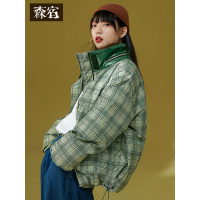 森宿绿色短款格子羽绒服女冬装2018新韩版时尚小款立领白鸭绒外套