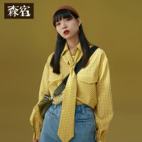 森宿清爽领带格子衬衫女冬装2018韩版宽松设计感小众打底上衣
