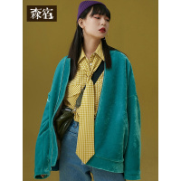 森宿纯色复古丝绒中长款棉衣女冬装2018新宽松光泽感外套保暖上衣