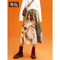 森宿复古印花坠感百褶半身裙女冬装2018chic中长款A字裙子潮