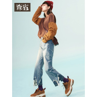 森宿不规则毛边破洞牛仔裤女冬季2018网红宽松直筒阔腿长裤子