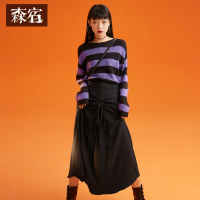 森宿黑色抽绳褶皱半身裙女冬装2018ins气质俏皮中长款A字裙子_2