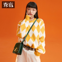 森宿马海毛格子毛衣女冬装2018网红慵懒风宽松套头针织上衣衫_1