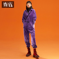 森宿复古灯芯绒丝绒连体休闲裤女冬装2018紫色宽松保暖七分裤_1