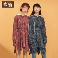 森宿春季不规则下摆纯棉格子裙学院风假两件连衣裙女_9