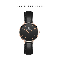 David Solomon女士手表石英表优雅时尚简约女表圆盘指针手表腕表 黑面黑色皮质