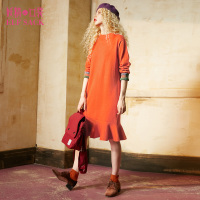 套头针织裙秋冬装宽松圆领条纹荷叶边A字连衣裙女737060_1