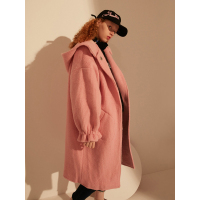 冬装百搭保暖花边落肩连帽宽松毛呢大衣外套女长款742029