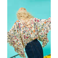 夏装欧美街头宽松木耳边碎花雪纺衫女短款-724241