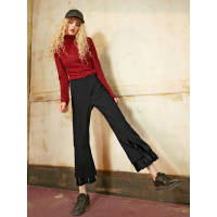 秋装女裤子宽松百褶微喇叭裤假两件九分休闲裤女-738043