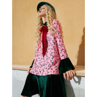 秋装材质撞色甜美印花丝绒拼接系带连衣裙女-737056_1