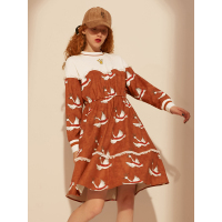 冬装复古灯芯绒拼接针织印花松紧收腰连衣裙女-747005_2