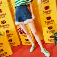 夏装高腰蕾丝边弹力水洗牛仔裤微喇裤短裤子女728077_1