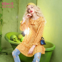 春秋装宽松淑女印花荷叶边喇叭袖连衣裙女短裙子-717099