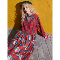 秋装宽松条纹碎花拼接格子纯棉连衣裙女中长裙子-737046_1