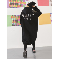 春装欧美连帽运动休闲纯色宽松加绒卫衣连衣裙中长款女-747046