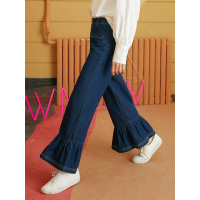 春装荷叶边阔腿裤宽松深色长裤休闲牛仔裤女-748021