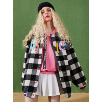 冬装宽松刺绣格子呢子大衣中长款棒球毛呢外套女-732138