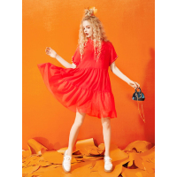 夏装女立领套头宽松网纱碎褶连衣裙短裙子-727029