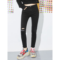 妖精的口袋春装修身黑色牛仔裤铅笔裤长裤子女B-8109009