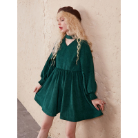 甜美纯色短裙秋装宽松流苏灯笼袖套头连衣裙子女737079