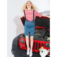 夏装修身条纹T恤开衩背带牛仔裙两件套装女-726031