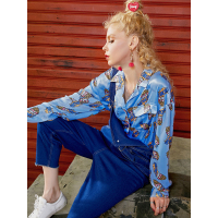 宽松复古衬衣秋装睡衣翻领印花长袖缎面衬衫女-734059_1