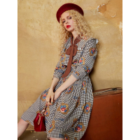 秋装收腰显瘦系带复古宫廷翻领印花连衣裙女中裙-737027_1