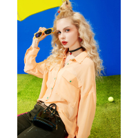 夏装宽松雪纺撞色纽扣装饰贴袋长袖OL薄衬衫女-724054