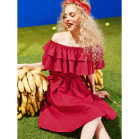 夏装女露肩一字领荷叶边纯色A字短袖连衣裙短裙子-727007