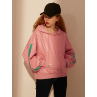 冬装上衣宽松朋克皮质蕾丝抽绳连帽套头卫衣女744011