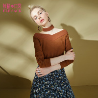 妖精的口袋Y春装坑条针织料可脱卸项圈打底T恤女A8106002_1