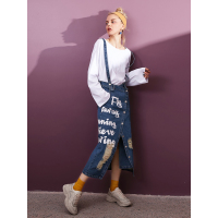 妖精的口袋Y春装宽松趣味印花破洞背带半身裙女A8117002_1