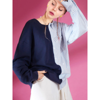 妖精的口袋Y春装长袖休闲chic条纹拼接卫衣女F8103031