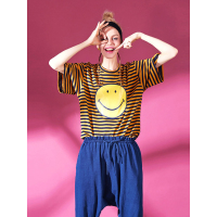 妖精的口袋哈哈镜少年春季圆领趣味图案条纹T恤