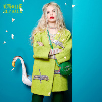 呢大衣冬装甜美贴布绣V领圈圈呢七分袖毛呢外套女中长款642116