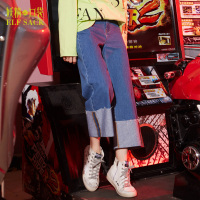 妖精的口袋Y显瘦牛仔裤宽松翻边水洗直筒裤九分裤子女B