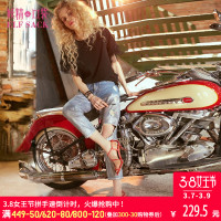 妖精的口袋Y破洞牛仔裤春装烫银哈伦裤子女C