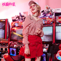 妖精的口袋Y欧货衬衫春装宽松格子v领露肩长袖上衣女J