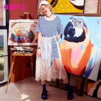 妖精的口袋Yins超火裙子夏装宽松条纹蕾丝短袖连衣裙女J_1