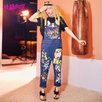 妖精的口袋Y涂鸦背带牛仔裤夏装嘻哈印花ins超火裤子女M