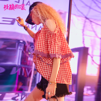 妖精的口袋体重两位数夏季蕾丝拼接露肩短袖衬衫