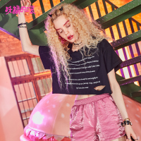 妖精的口袋周末舞蹈班夏季圆领破洞字母印花T恤