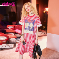 妖精的口袋格纹夜行夏季格子印花短袖连衣裙