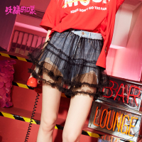 妖精的口袋Y超短裤女夏装设计感chic网纱裙牛仔短裤女J
