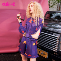 妖精的口袋Y俏皮套装夏装荷叶边淑女衬衫短裤两件套女J